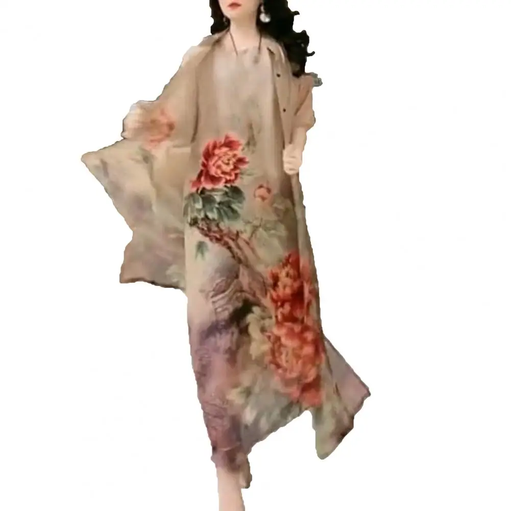 

2Pcs/Set Women O-Neck Half Sleeve Loose Fit Dress Coat Suit Middle Aged Mother Polyester Flower Print Vest Dress Cardigan Set
