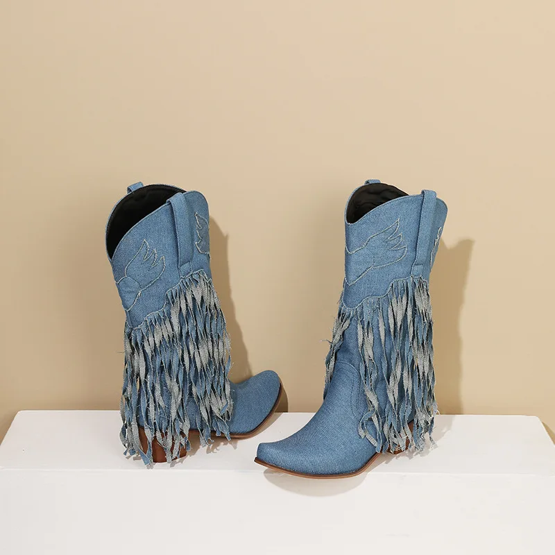 

IPPEUM Jean Boots For Women 2023 Western Cowgirl Cowboys Denim Mid Calf Boot Blue Fringe Botas femininas tendencia 2023