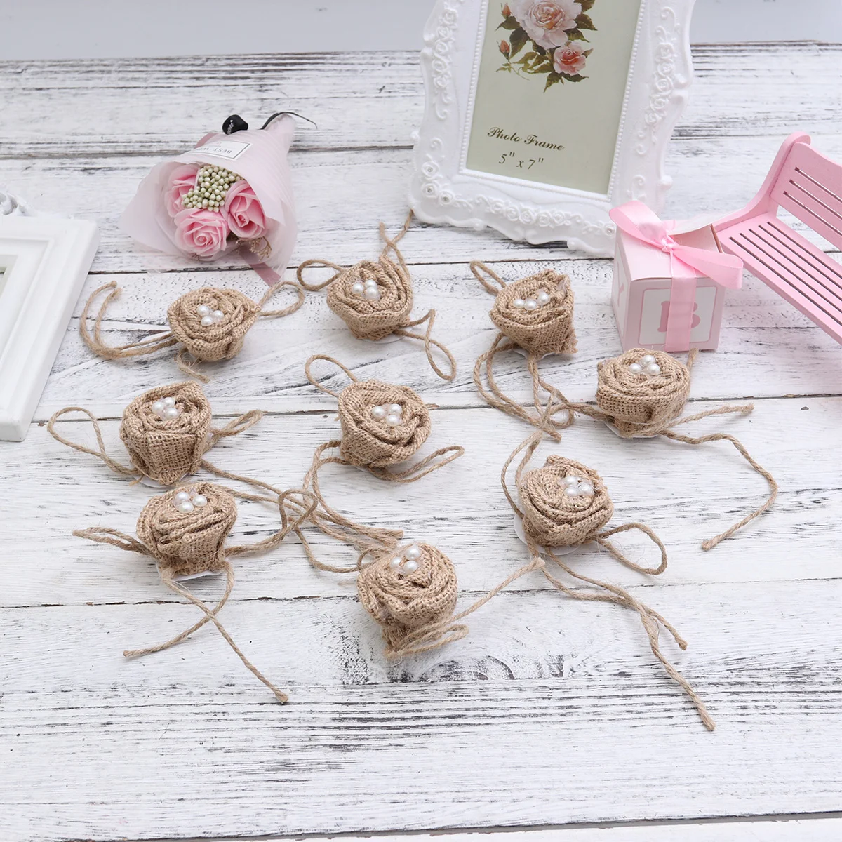 

9pcs burlap flowers for crafts on roses flower with stem floral embellishments small- Burlap Pearl Rose Flower Hessian Jute