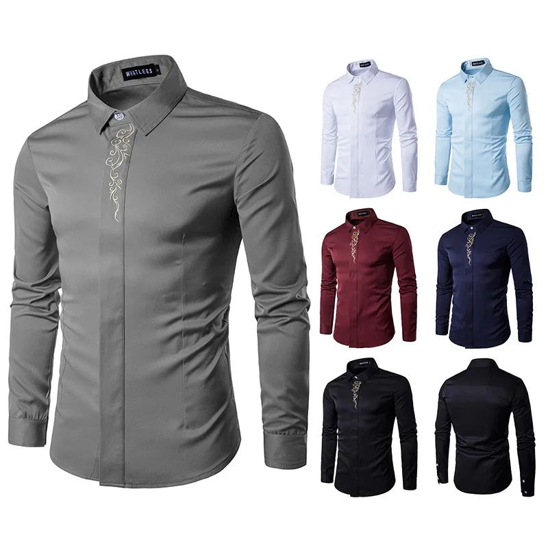

2022 New Men's Long Sleeve Shirts Diagonal Button Embroidery Men's Shirts Slim Fit Formal Solid Color Tops Business Casual Shirt