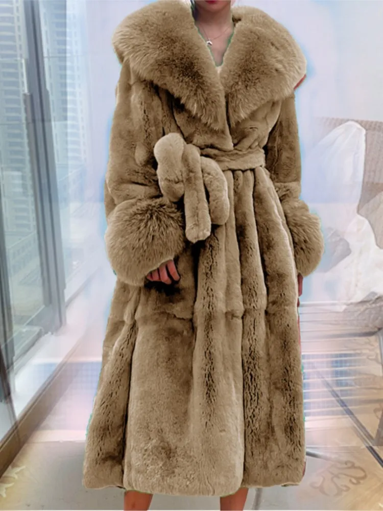 

Женское зимнее толстое теплое пальто из искусственного меха, женское длинное пальто с длинным рукавом и большим меховым воротником с поясом, Дамское пальто