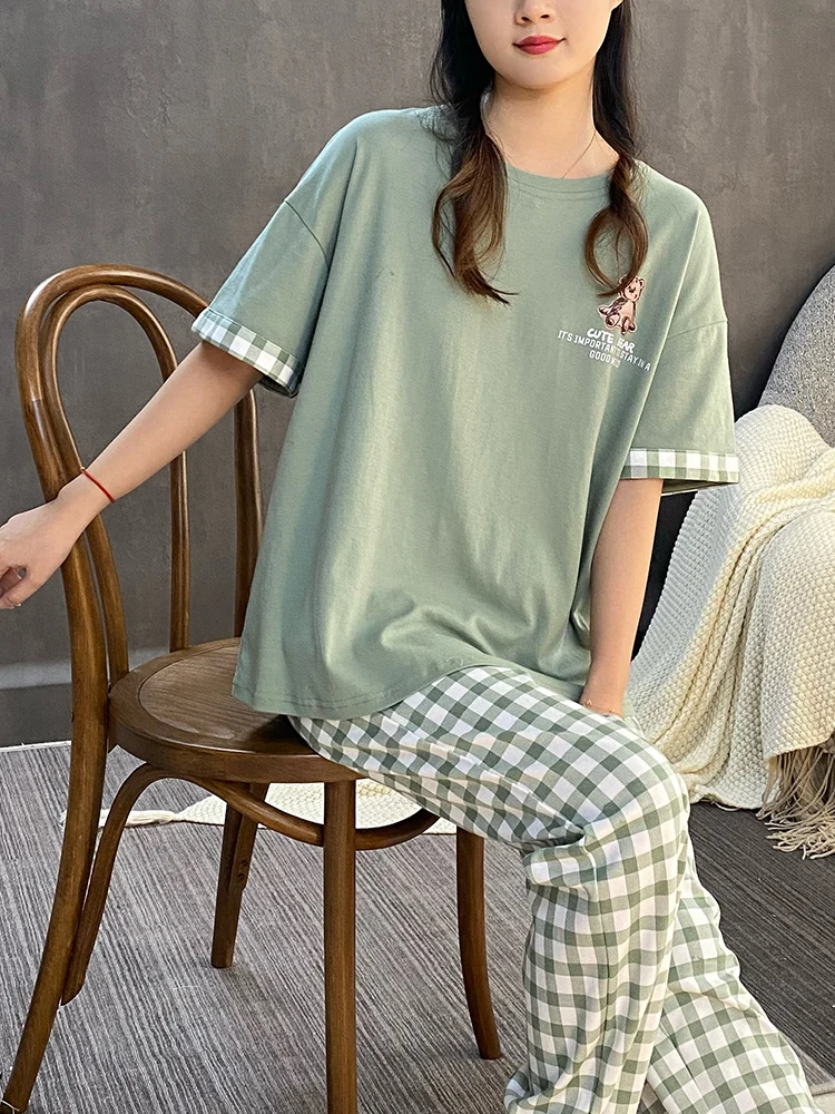 2024 New Pajamas Women's Spring Summer Cotton Short sleeve Pullover round Neck Can Be Worn outside Plaid Pants Home Wear Set