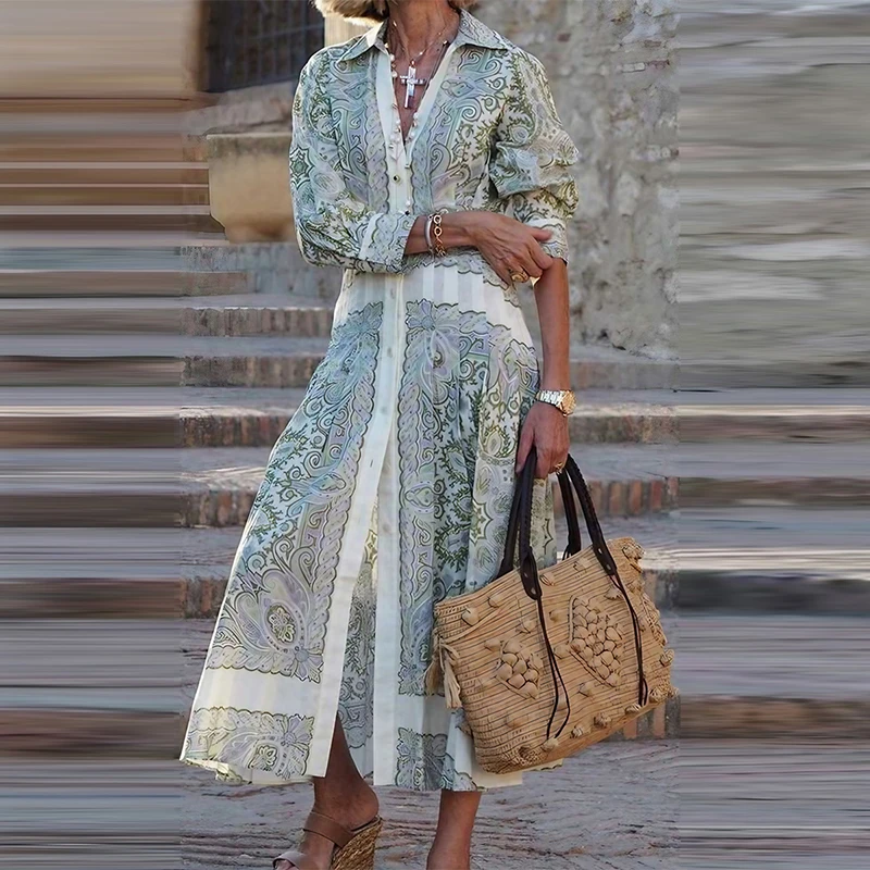 

Женское винтажное платье-рубашка Sinlge, длинное этническое платье с цветочным принтом, двубортное платье с отложным воротником и длинным рукавом, с разрезом, в стиле бохо, весна-осень 2019