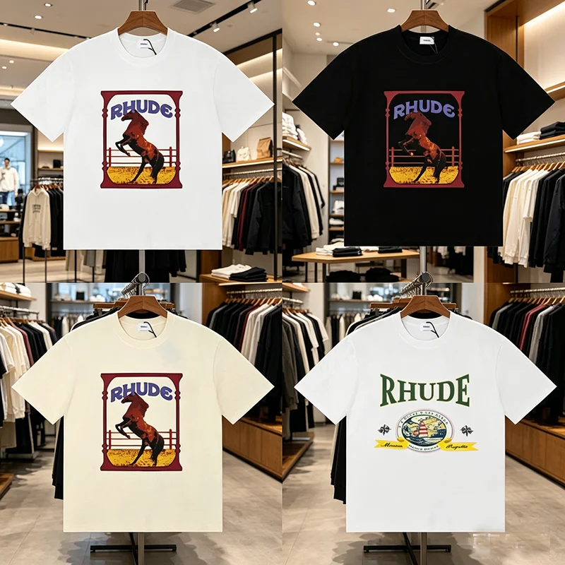 Фото Футболка Rhude, высококачественная повседневная мужская одежда с коротким рукавом и принтом логотипа, футболки в уличном стиле №1