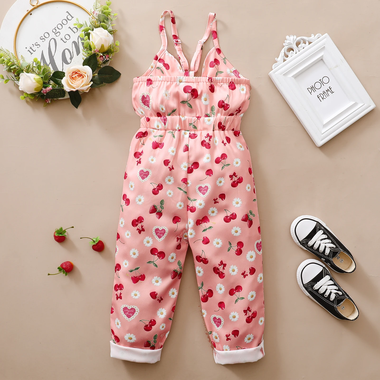 

1-5 Years Sleeveless Children Girl Jumpsuit, Sleeveless Cherry Printed Pattern Elastic Waist Bow Decor Chest 1 Piece Bodysuit