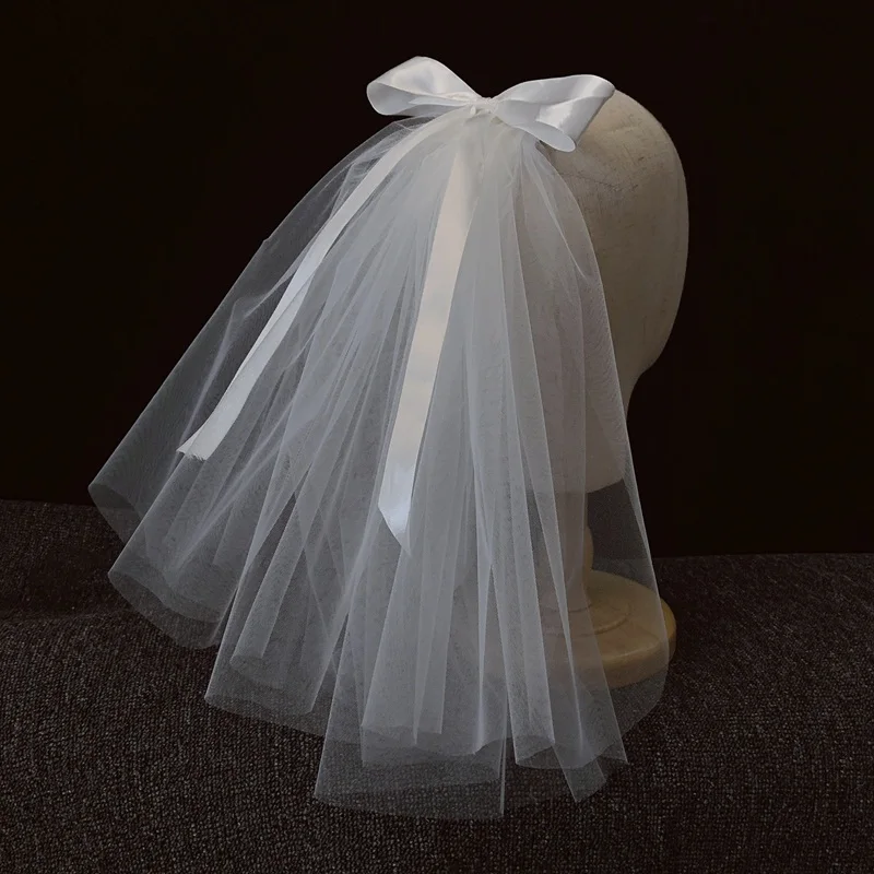 

Short Wedding veils with Bow White Ivory Red Two Layers Bride Veil with Comb New Style Sexy Mariage Wedding Accessories In Stock