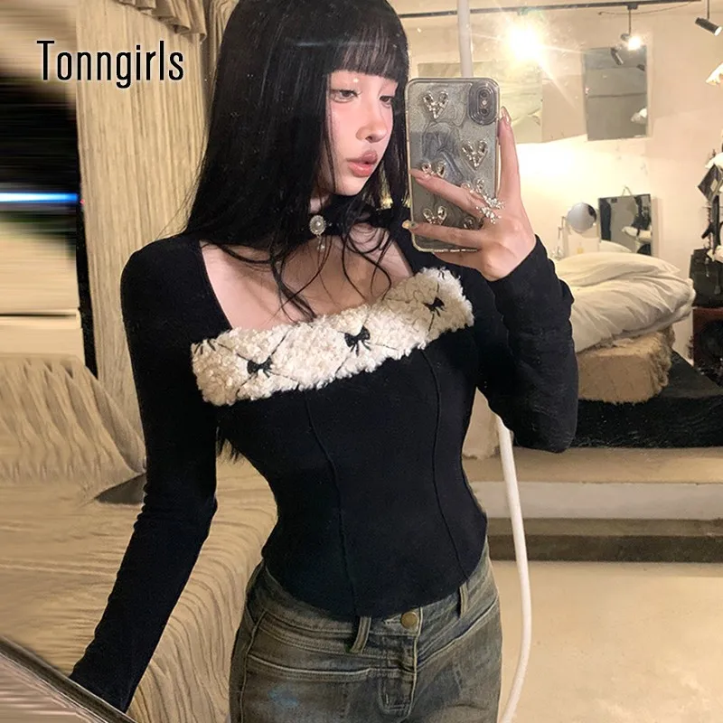 

Tonngirls Vintage T Shirt Women Patchwork Y2k Retro Tops Streetwear 2000s Japanese Bow Crop Tops Autumn Winter Fairycore Tshirts