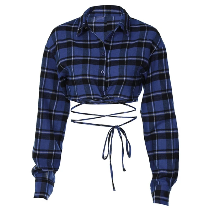 

Classic Plaid Blouse for Women Chic Button Down Shirt Lapel Neck Casual Crop Top NEW