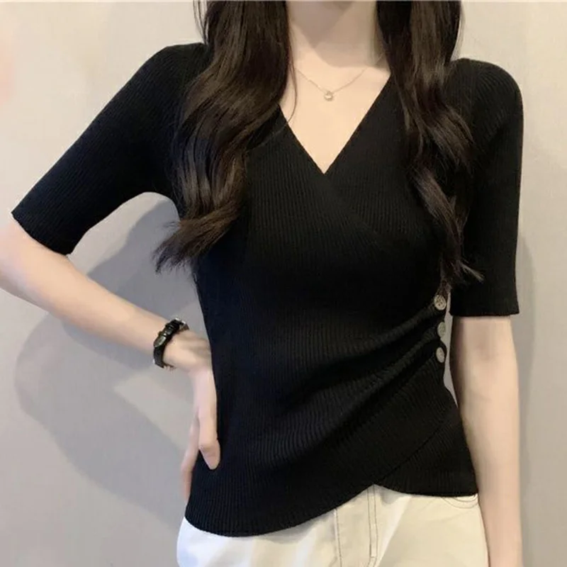

Fashion V-Neck Knitted Solid Color All-match Folds Blouse Female Clothing 2023 Summer New Casual Pullovers Asymmetrical Shirt
