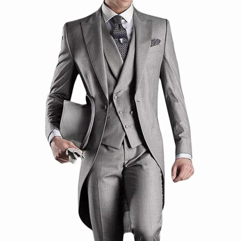 

Костюм свадебный мужской из трех предметов, Длинный блейзер для жениха, лучший мужской официальный костюм для выпускного вечера, модный мужской костюм (пиджак + жилет + брюки), серый