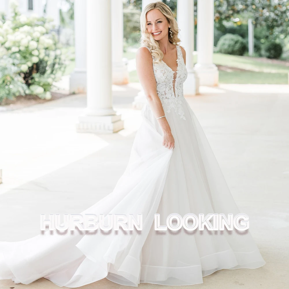 

HERBURN Modern Deep V-Neck Wedding Dresses For Women Sleeveless Tank Appliques New Arrival Customizable Vestidos De Novia