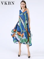 vkbn summer women dresses casual a line tank v neck sleeveless geometric printing pullover ruched fabric maxi dress