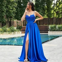 royal blue satin prom dresses long ruched a line robe de soiree beaded applique sweetheart spaghetti straps evening party gowns