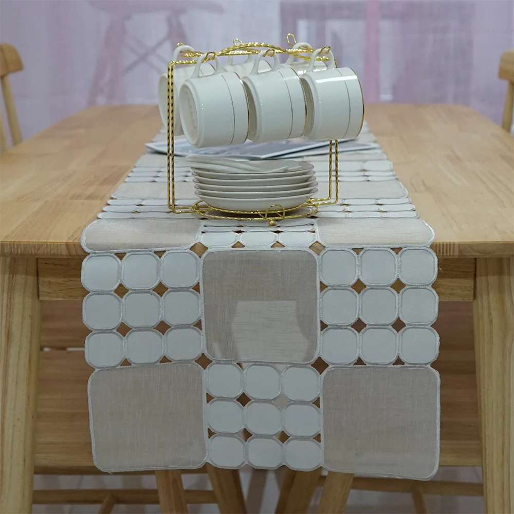 

35x160cm European Style Home Decorative Handmade Cutwork Grey White Geometric Plaid Embroidery Modern Table Runner Dresser Cover