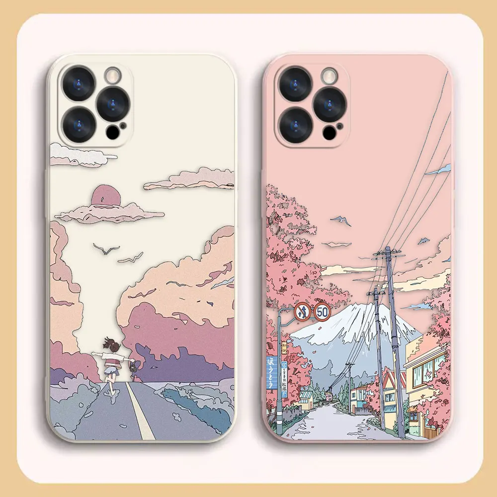 

Case For iPhone 14 13 12 11 Pro XS Max Mini X XR 7 8 6 6S Plus Colour Simple Liquid Silicone Case Sunset Maple Snow Mountains