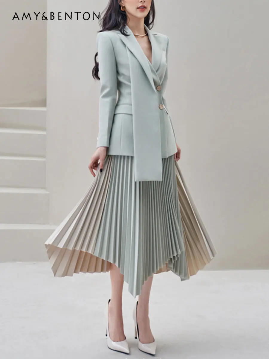

New Gray Blue Double Breasted Suit Jacket Stitching Contrast Color Irregular Pleated Skirt Spring Autumn Fashion Two Piece Suit