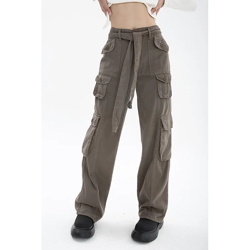 

Multiple Pockets Tooling Jeans Women' 2022 Autumn American Retro Street Style High Waist Look Thin Recreational Wide Leg Trouser
