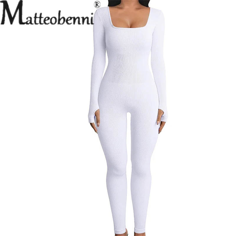 Sexy Slim Fit Threaded Jumpsuit Hip Lift Women's Clothing Autumn Winter Solid Color American Style Square Neck Bodysuit Female