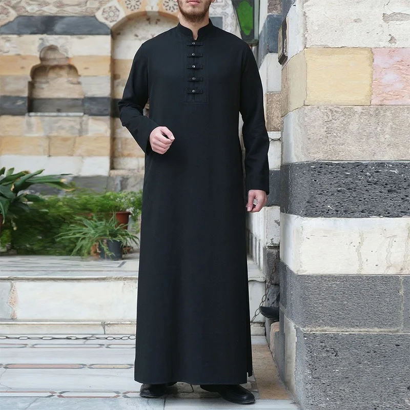 Men's Robe Middle East Ramadan Button Simple Atmosphere Abaya Thoub Muslim Fashion New Solid Color Islamic Clothing Mens Jubba