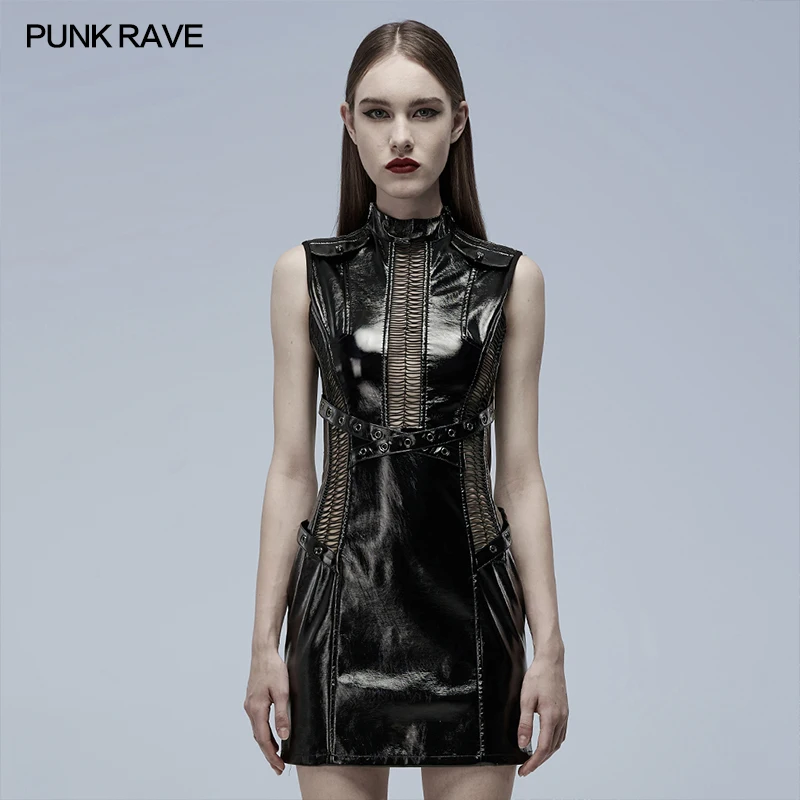 PUNK RAVE Women's Gothic Elastic Patent Leather Hollowed Out Dress Punk Leather Loop Zippers Club Dresses Sexiness Clothing