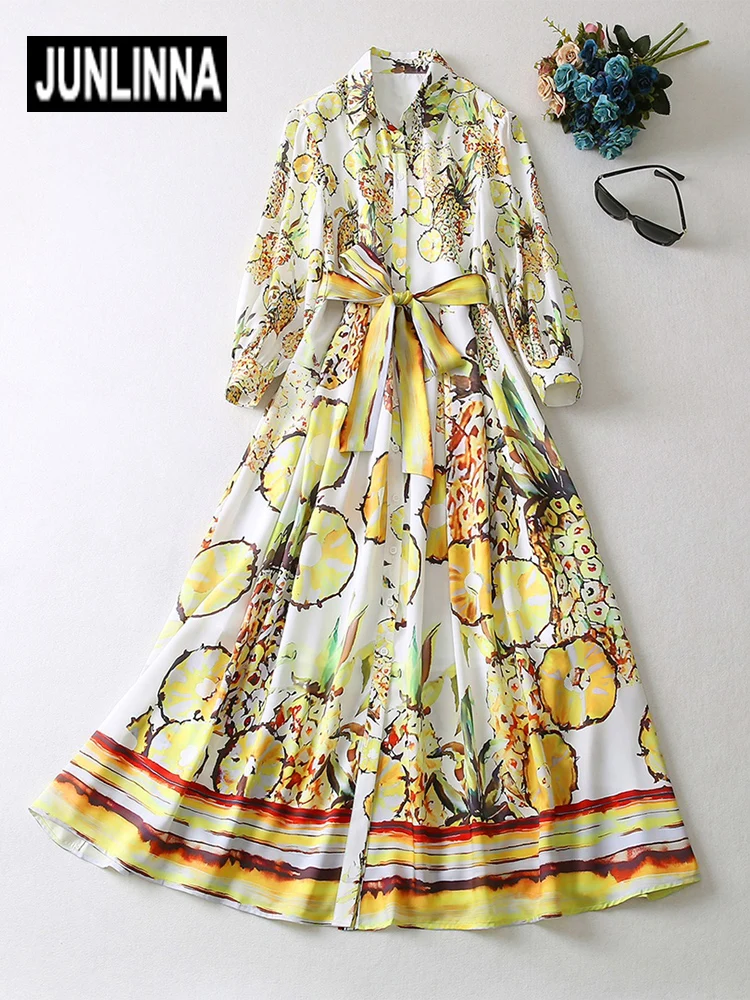 

JUNLINNA Designer Spring New Women Dress Lantern Sleeve Turn-down Collar Belt Fashion Print Elegant Loose Party Holiday Vestidos