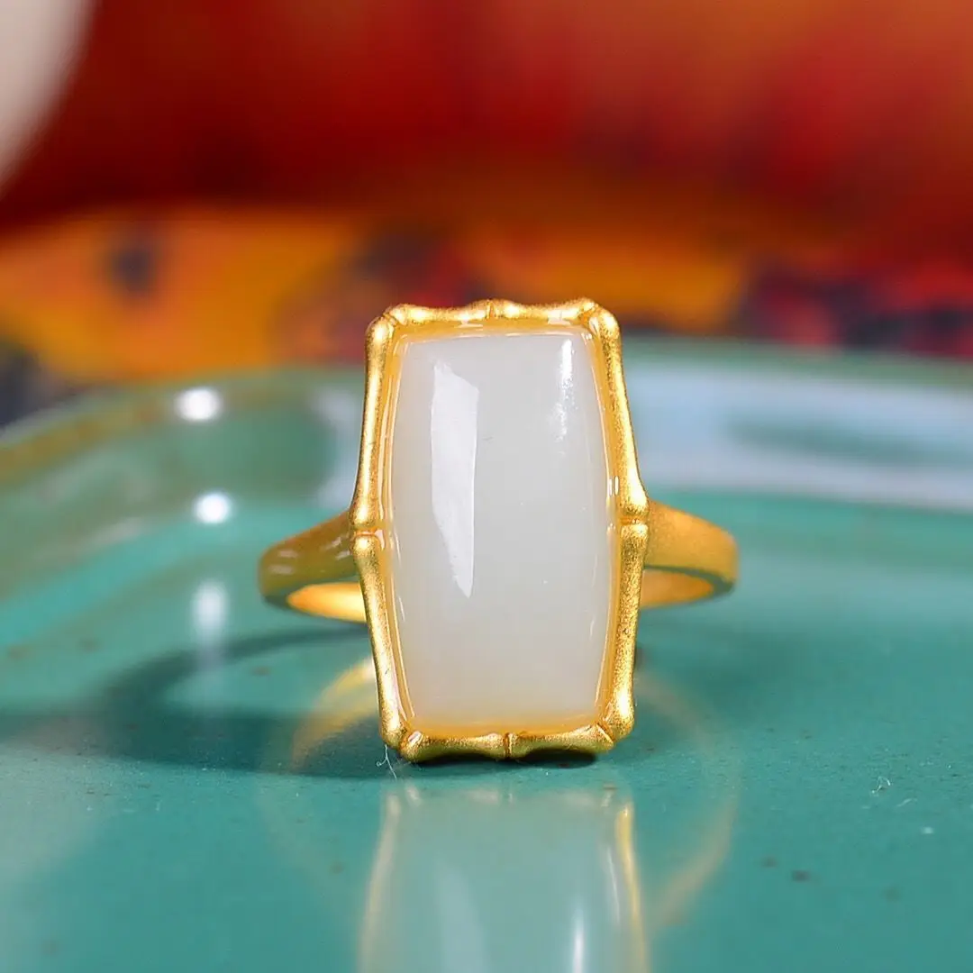 

White Jade Silver Square Ring Inlaid with Natural Drum Face Bamboo Ring Jewelry Female Halloween Rings for Women Javascript