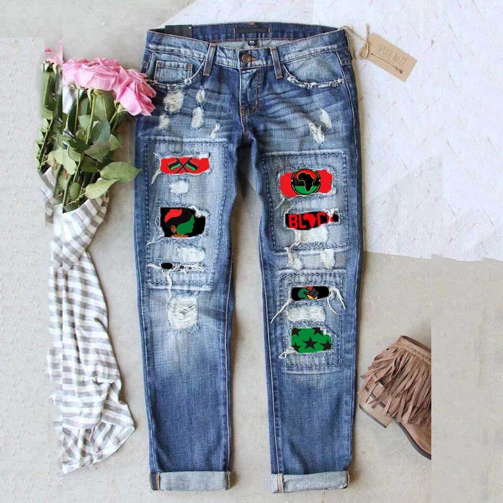 

Pan-Africanism Fashion Retro Ripped Print Jeans