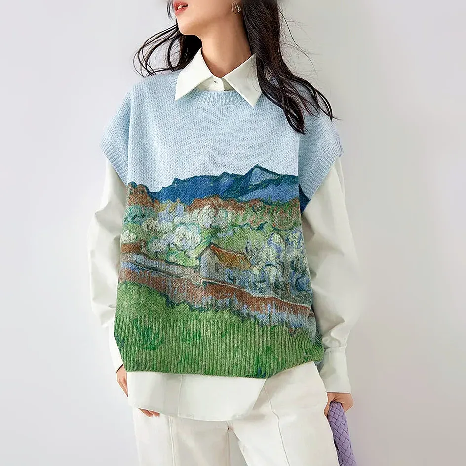 

Женский трикотажный свитер без рукавов, свободный джемпер в винтажном стиле с принтом