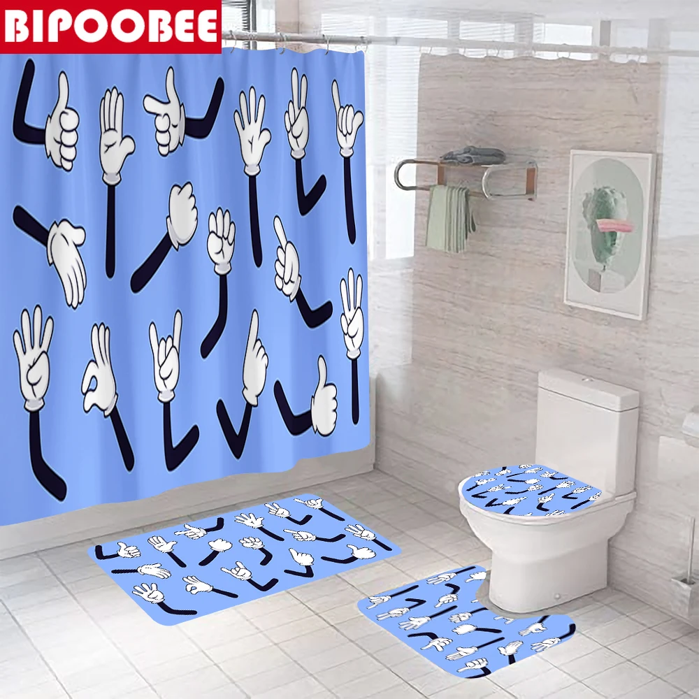 

Funny Gesture Cartoon Shower Curtains Waterproof Polyester Fabric Bathroom Curtain Bath Mat Rug Non-Slip Carpet Toilet Cover Lid