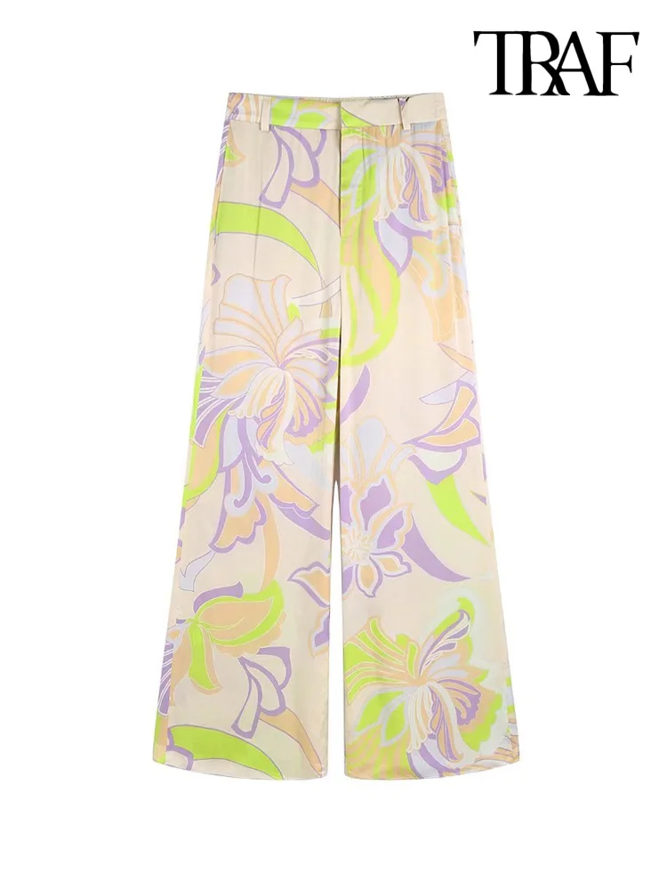 

TRAF Women Fashion Side Pockets Printed Wide Leg Pants Vintage High Waist Zipper Fly Female Trousers Mujer