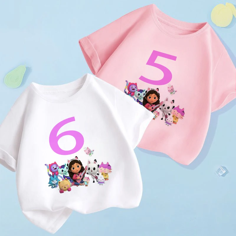 

New Fashion Kid'S Tshirts 0-9 Years Old Birthday Number Gabbys Doll House Cartoon Print Girls T-Shirts Birthday Party Clothing