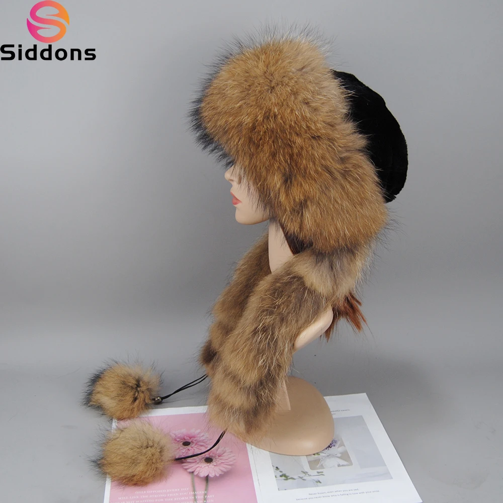 Real Fox Fur Hat Female Pompom Beanie Hat Natural Raccoon Fur Cap Rex Rabbit Fur Top Fall Beanies for Women Cap Winter Bonnets