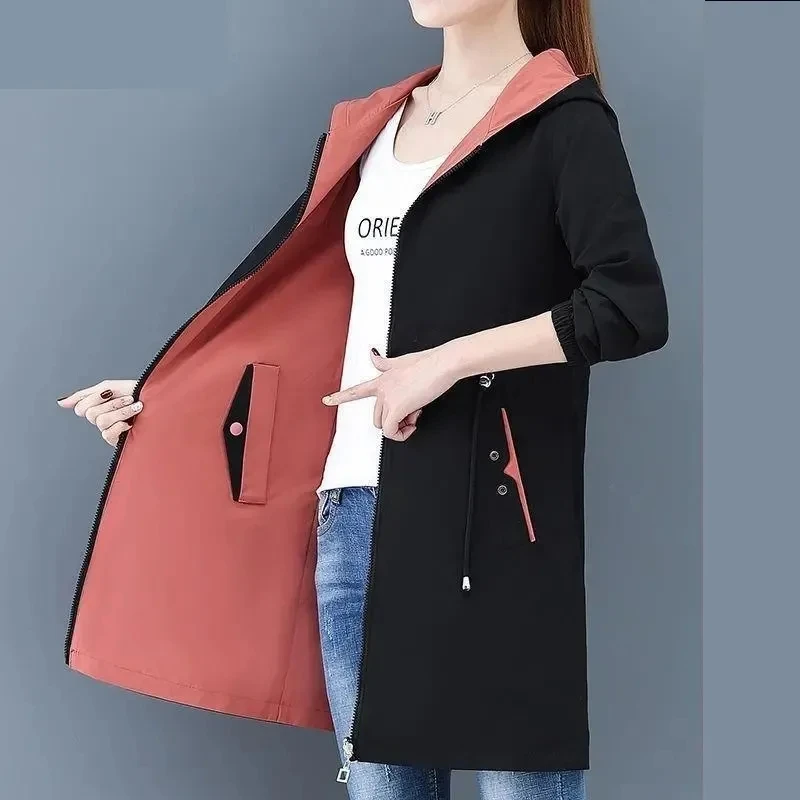 

2023 New Autumn Double-sided Windbreak Jacket Women Hooded Zipper Casual Basic Coat Long Female Outwear 3XL