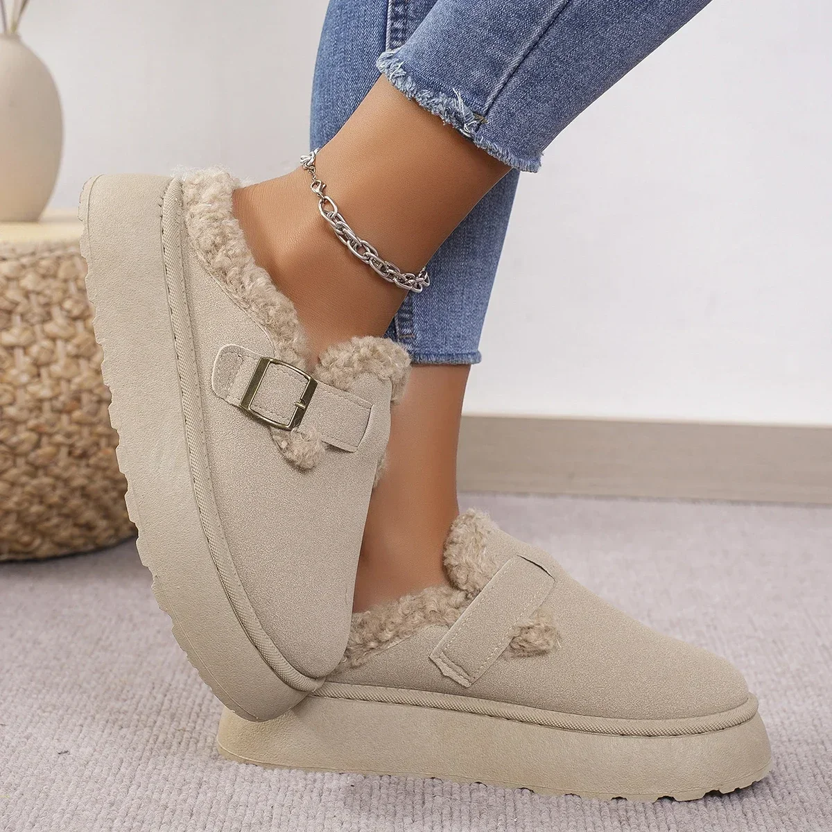 New Luxury Winter Women's Boken Shoes Plush Fashion Retro Bean Cotton Flat Sole Slippers Platform Women Boots