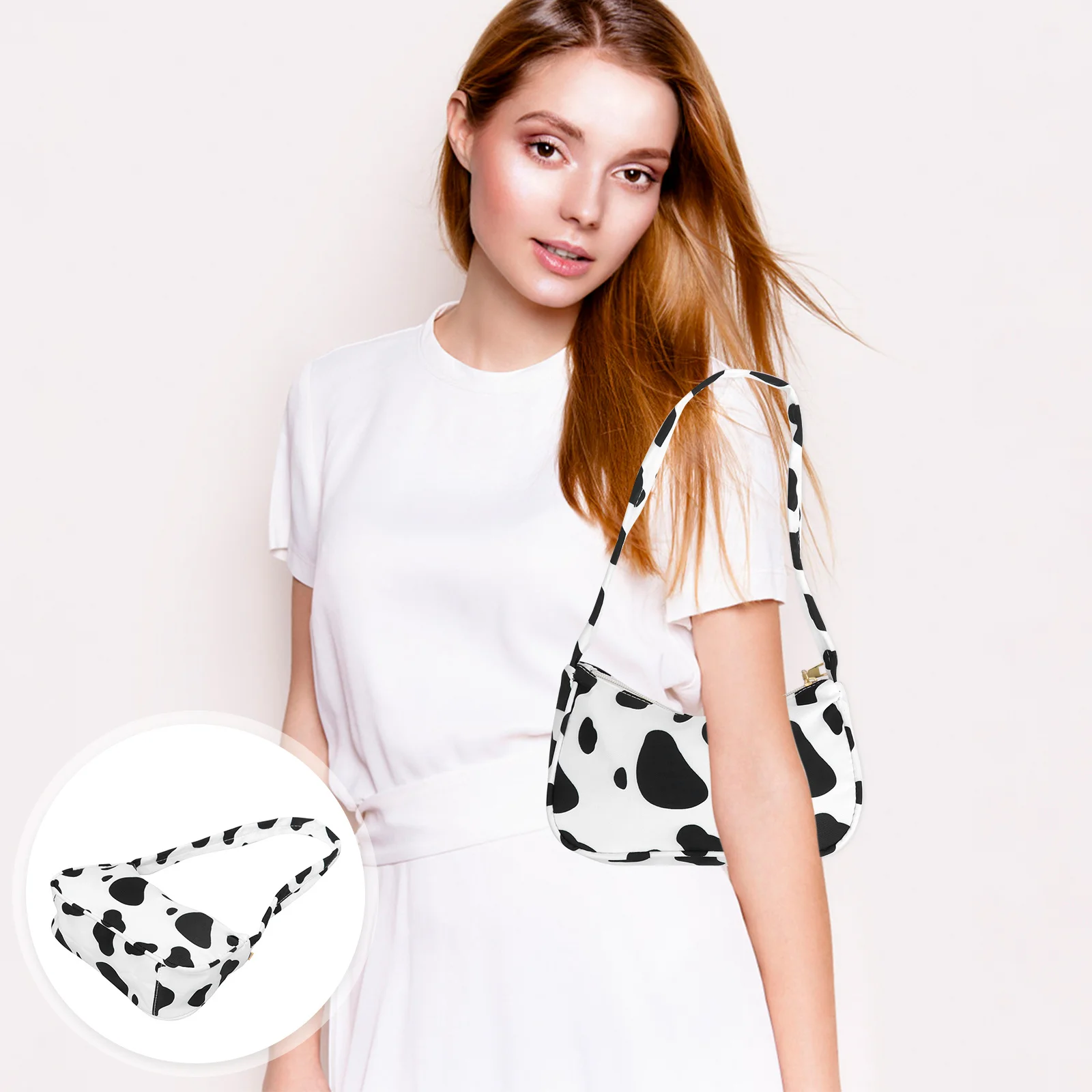

Bag Shoulder Cow Underarmprint Fluffy 90S Mini Retro Tote Purse Vintage White Handbagsfashion Handbagpurses Pouch Satchel Handle