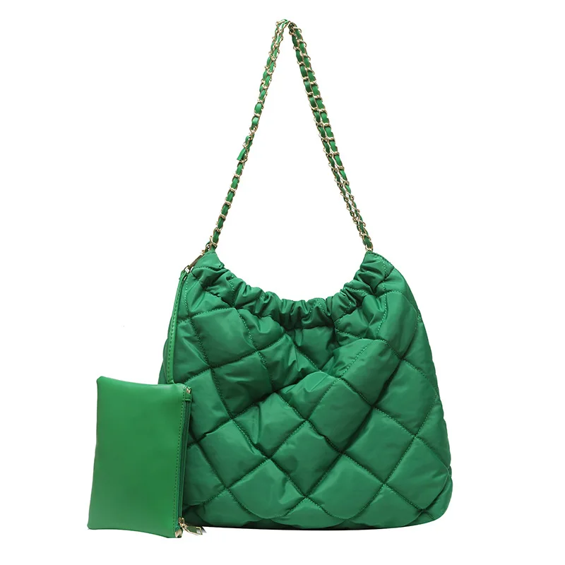 2022 Winter Casual Large Capacity Tote Bag Quilted Padded Designer Luxury Chains Women Shoulder Bags Down Cotton Puffy Handbag