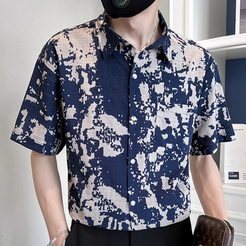 

2023Men Contrasting Abstract Pattern Print Shirt Short Sleeve Casual Streetwear Camisa Fashion Masculina Moda Hombre