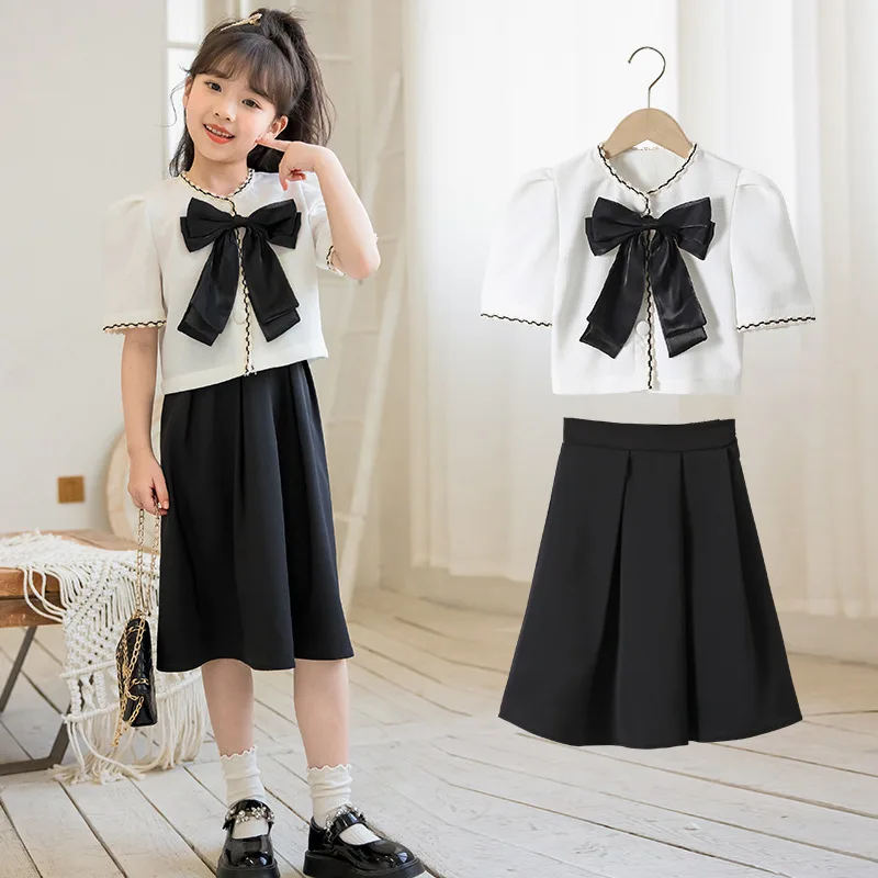 

Girls Dress 2023 Summer New Children Korean Style Imitation Hemp Bow Top Filament Skirt 2pieces