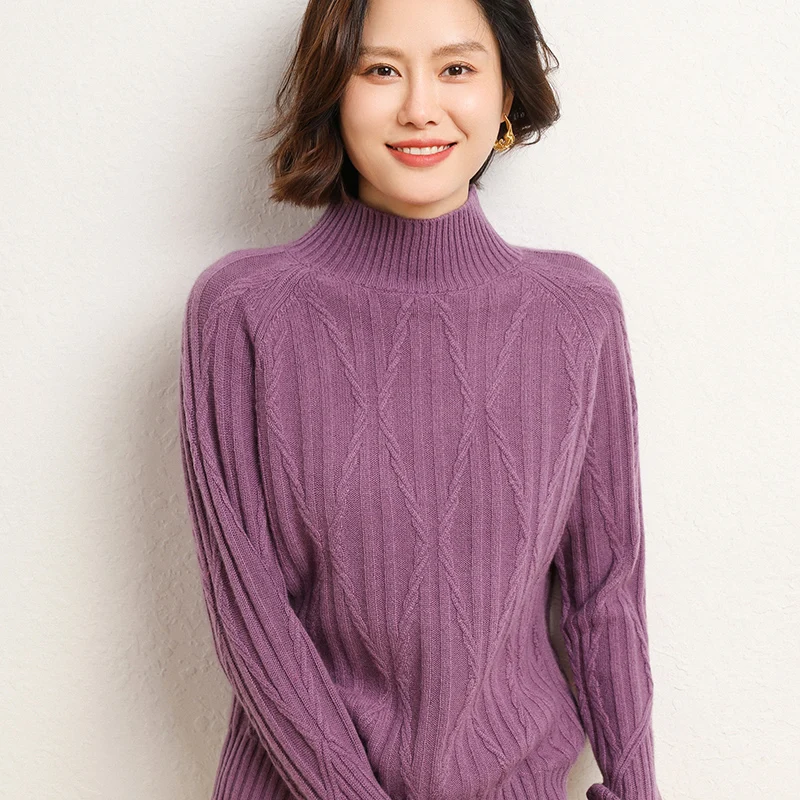 

High End Autumn and Winter New Women's Half High Neck Cardigan 100 Pure Wool Sweater Thickened Loose Pullover Bottoming Shirt