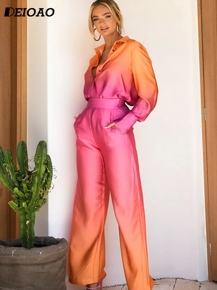 

Женский комплект из 2 предметов Deioao, свободный комплект из 2 предметов с V-образным вырезом и длинными рукавами с градиентом, брюки с лацканами и широкими штанинами, повседневная одежда, Fot 2023