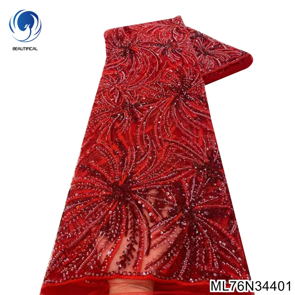 

Red beaded lace fabric 2022 high quality african lace embroidery handmade net lace fabric for nigerian wedding ML76N344