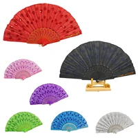 new chinese style silk folding fan colorful embroidered sequin fan hand held dance fans dance party wedding prom fan craft gift