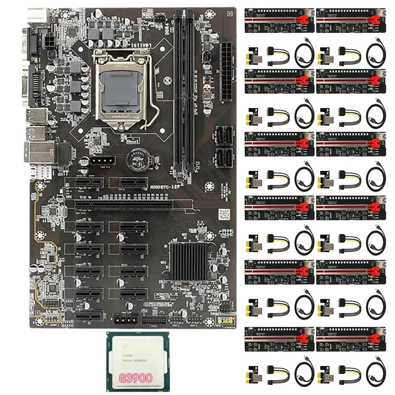 

B250 Mining Motherboard 12 PCIE Slots LGA1151 DDR4 DIMM SATA3.0 With 12X Ver12 Pro PCIE Riser Card+1X CPU For BTC