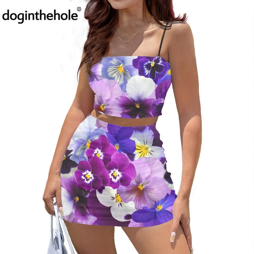 

Doginthehole 2022 Women Dresses Violets Print 2pcs Spaghetti Strap Crop Top And Mini Bodycon Skirt Sexy Streetwear Clothing