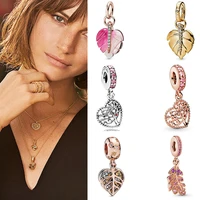 100 925 sterling silver charm new rose gold glazed falling leaf pendant fit pandora women bracelet necklace diy jewelry