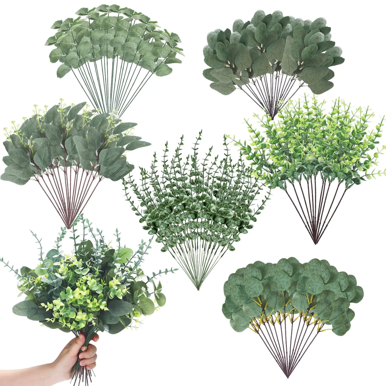 

120 Pcs 6 Kinds Mixed Eucalyptus Leaves Stems Bulk Artificial Eucalyptus Greenery Picks Bundle for Wedding Vase Floral Decor
