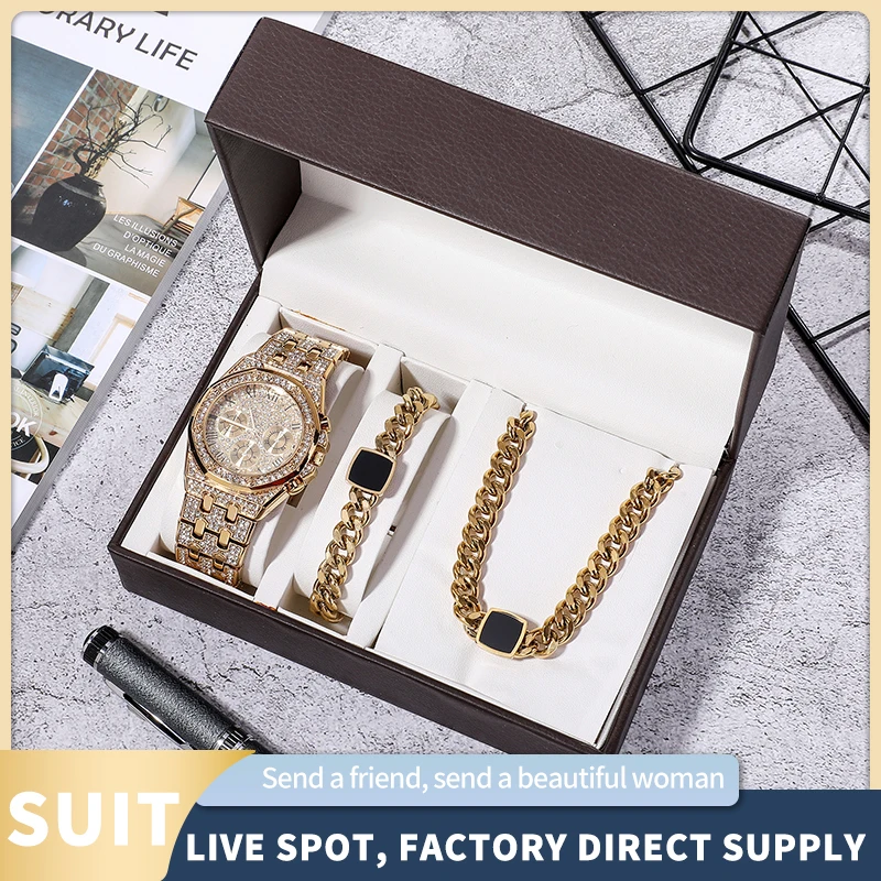 Lover's Gift Box Set Fashion Women's Quartz Watches Diamond Watch Dial+Bracelet+Necklace Stainless Steel Jewelry Gift Set 3Pcs