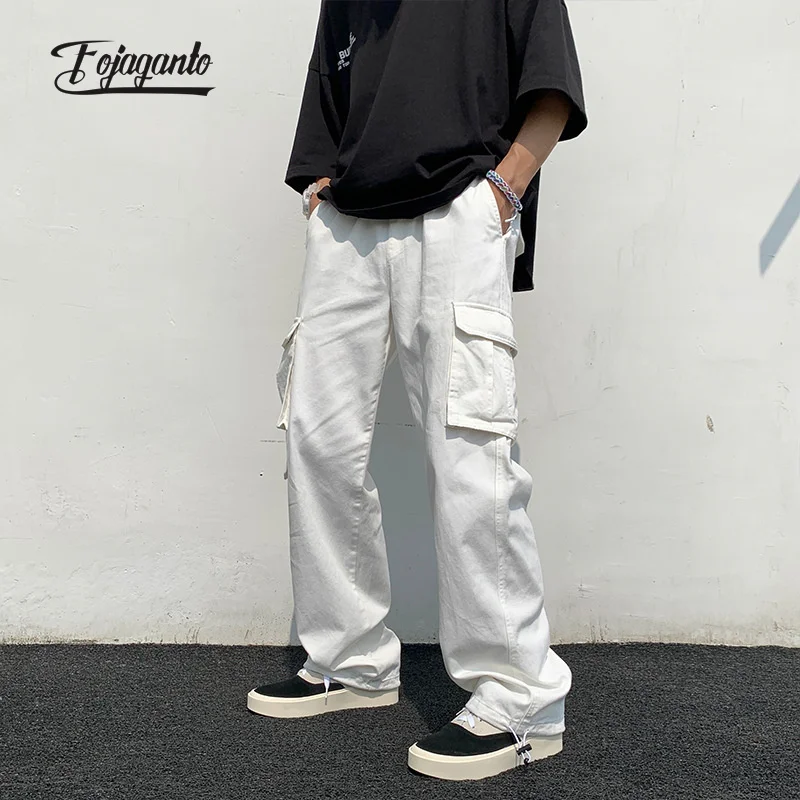 

FOJAGANTO Spring Men's Cargo Pants Korean Solid Color Multi-Pockets Straight Pants Hip Hop Street Casual Loose Trousers Male