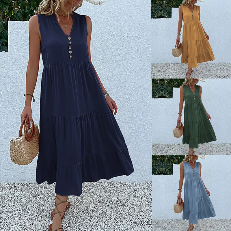 

Женское повседневное однотонное платье на пуговицах, элегантный винтажный свободный сарафан с V-образным вырезом и оборками, длинное платье с высокой талией Y2K на лето