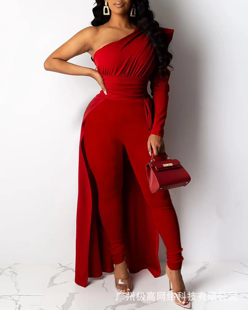 

2023 Autumn Fashion Women's Elegant Jumpsuit, Sexy Red One Shoulder Bubble Sleeve Slim Long Tow Jumpsuit